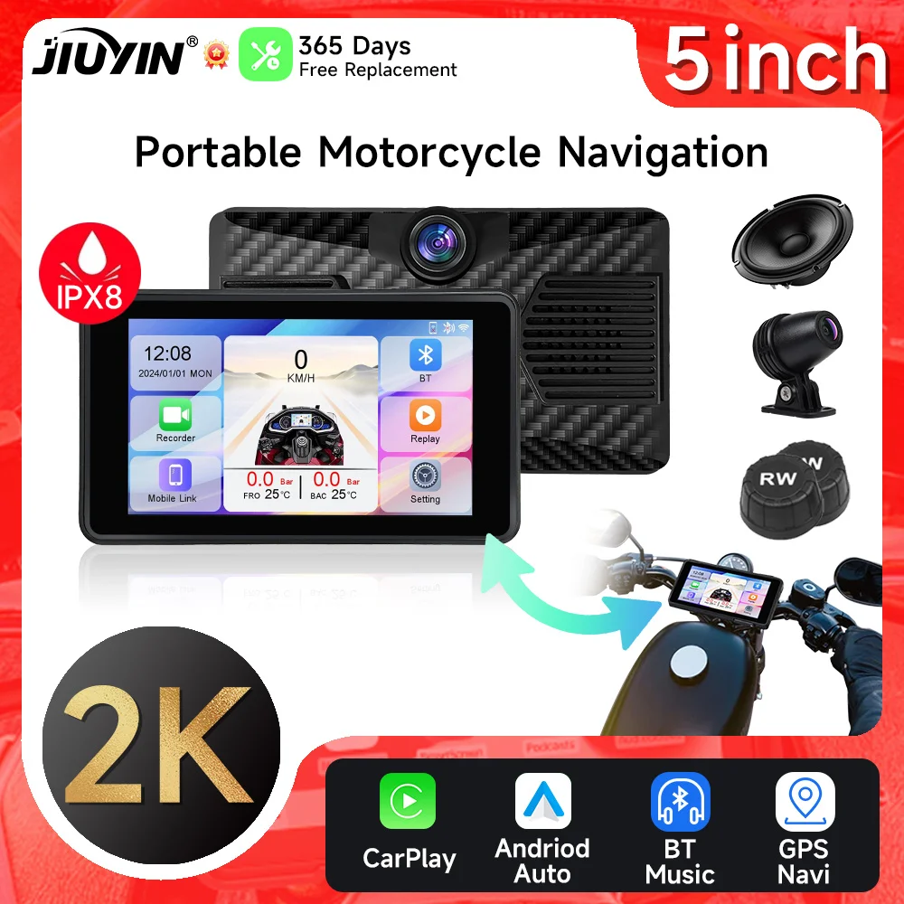 5 Inch Portable Motorcycle DVR GPS navigator 2K Dash Cam Carplay Android Auto IPX8 Waterproof Front Rear Camera BT Type C