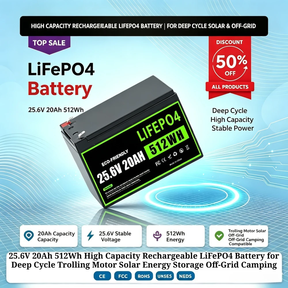 25.6V 20Ah 512Wh High Capacity Rechargeable LiFePO4 Battery for Deep Cycle Trolling Motor Solar Energy Storage Off-Grid Camping