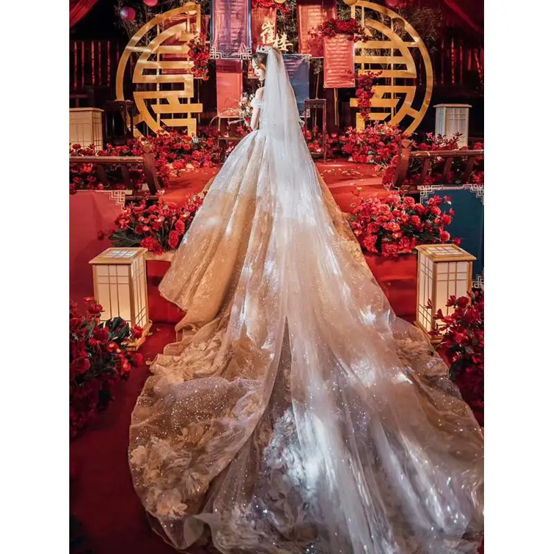 

Main Wedding Dress One Shoulder Bride Long Tail Light Wedding Dress Starry Sky Super Immortal Show Thin Dress Customized
