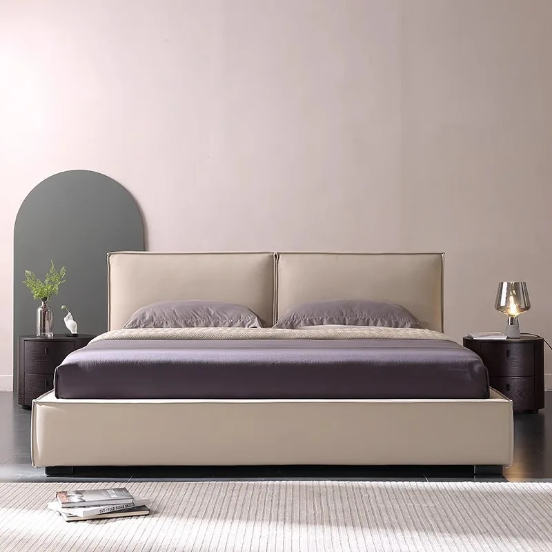 Italian minimalist tofu block leather bed, first-layer cowhide master bedroom wedding bed, soft bag 1.8 meters double bed simple