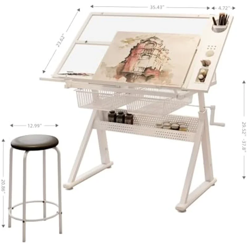 Drafting Table w/Art Stool, Hand Crank Height Adjustable Drawing Desk for Adults with Tilting Glass Top (0-70°), 2