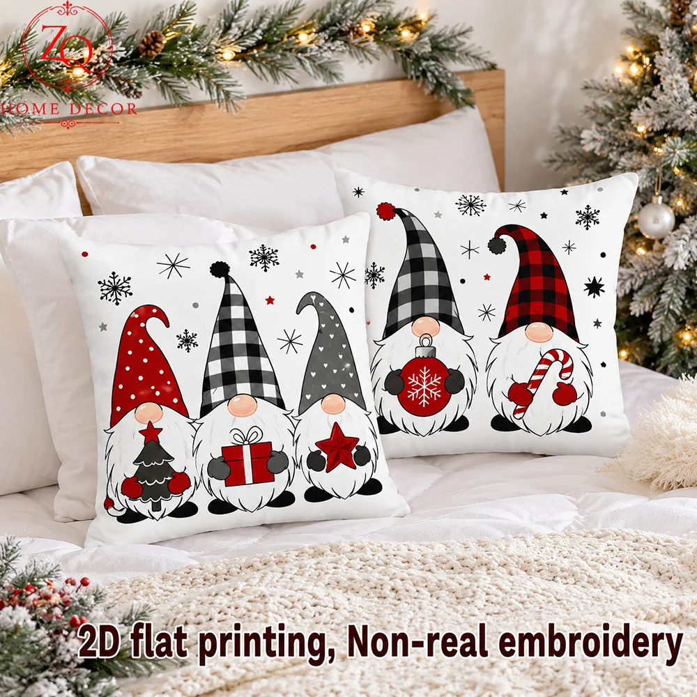 Winter Christmas Gnomes Peach Skin Pillow Cover 2D Flat Printed Snowflake Cushion Case For Couch Bed Sofa Room Holiday Decor