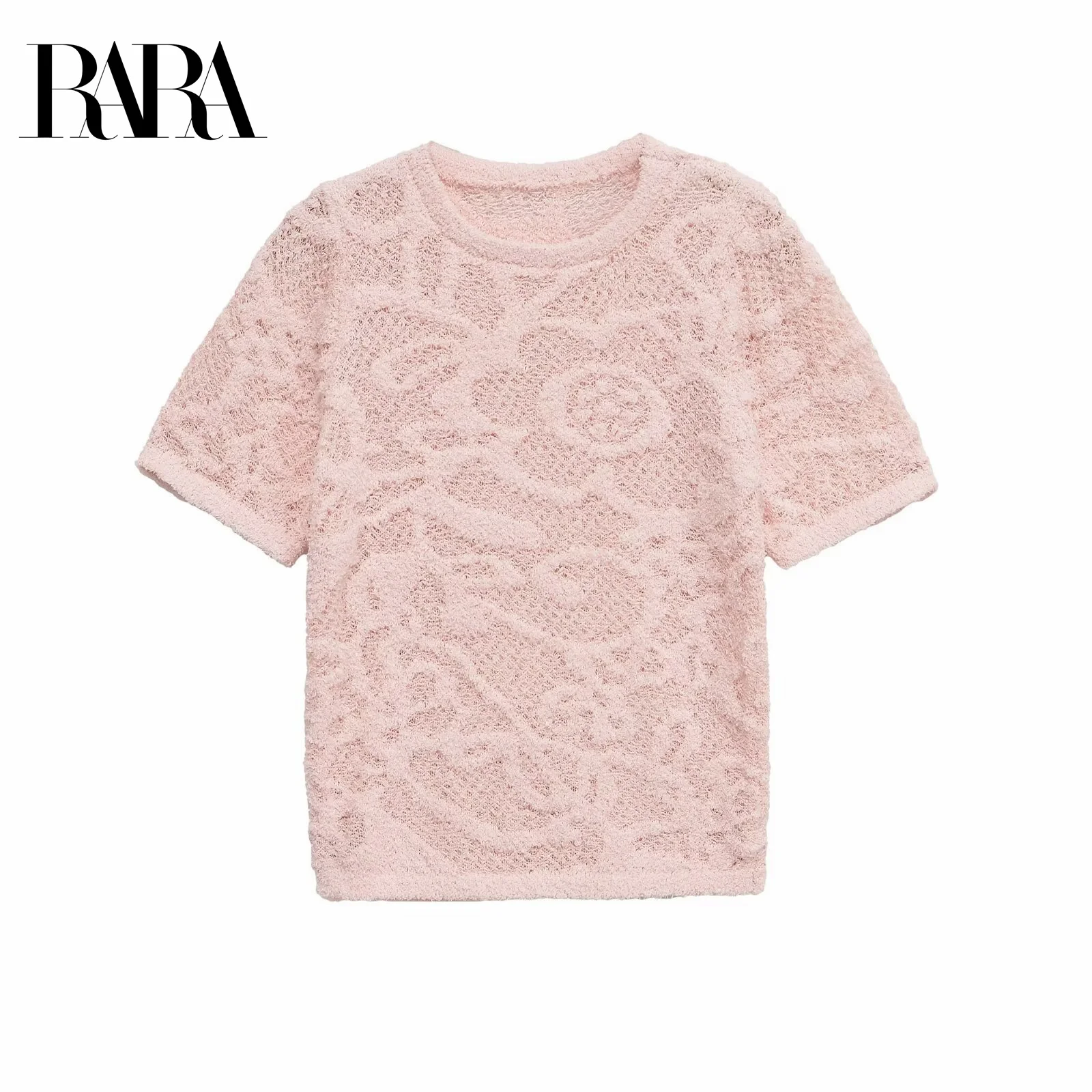 

RARA Women's Summer New Jacquard Mesh Casual Elegant Crew Neck Short Sleeve Textured Knit T - Shirt