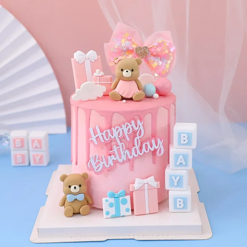 Pink Skirt Blue Tie Bear Cake Decoration Babyshower Baby Bear Cake Toppers Kids Boy Girl Happy Birthday Party Decors Baby Shower