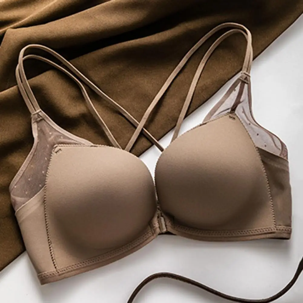 

Solid Color Bra Wire-free Push-up Bra Elegant Lace Front Closure Push-up Bra for Women Wireless Back Design with Shockproof 3/4