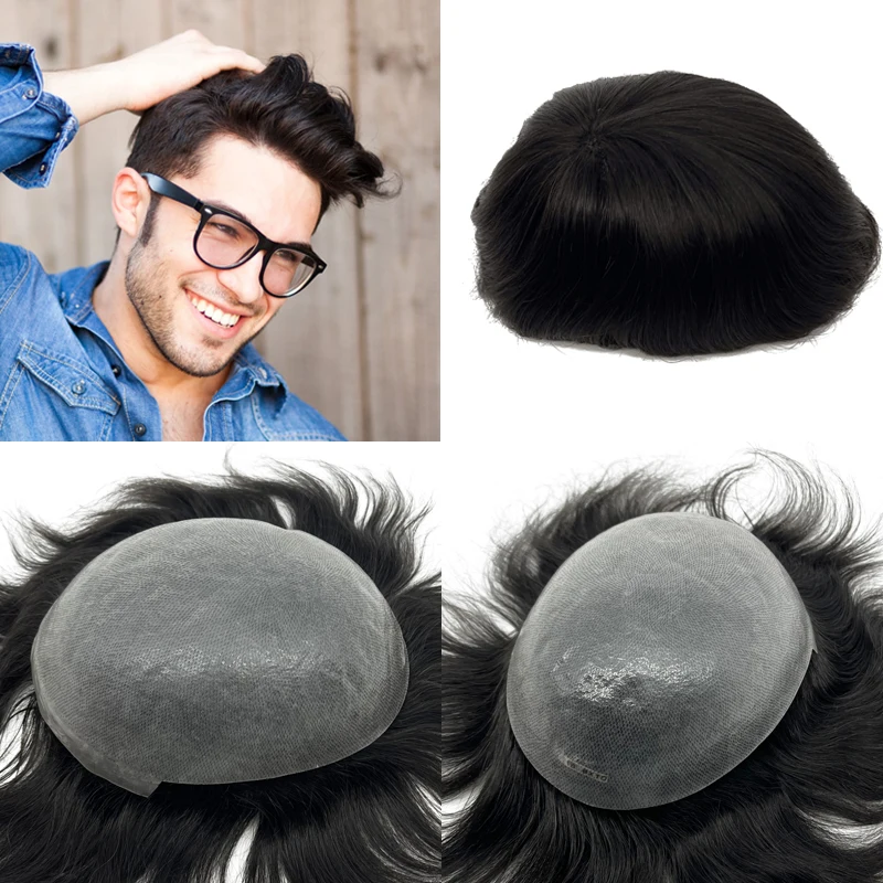 Thin Skin Base Toupee 100% Human Hair Replacement Systems Stock Pieces For Men