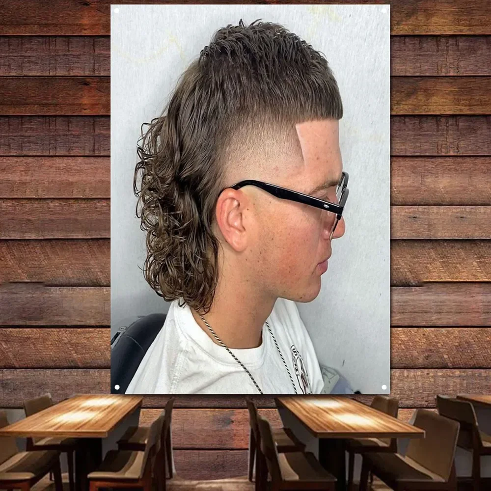 Hairstyling Barber Shop Wall Decor Tapestry Mullet haircut for curl hair men Posters & Print Wall Hanging Flag Digital Printing