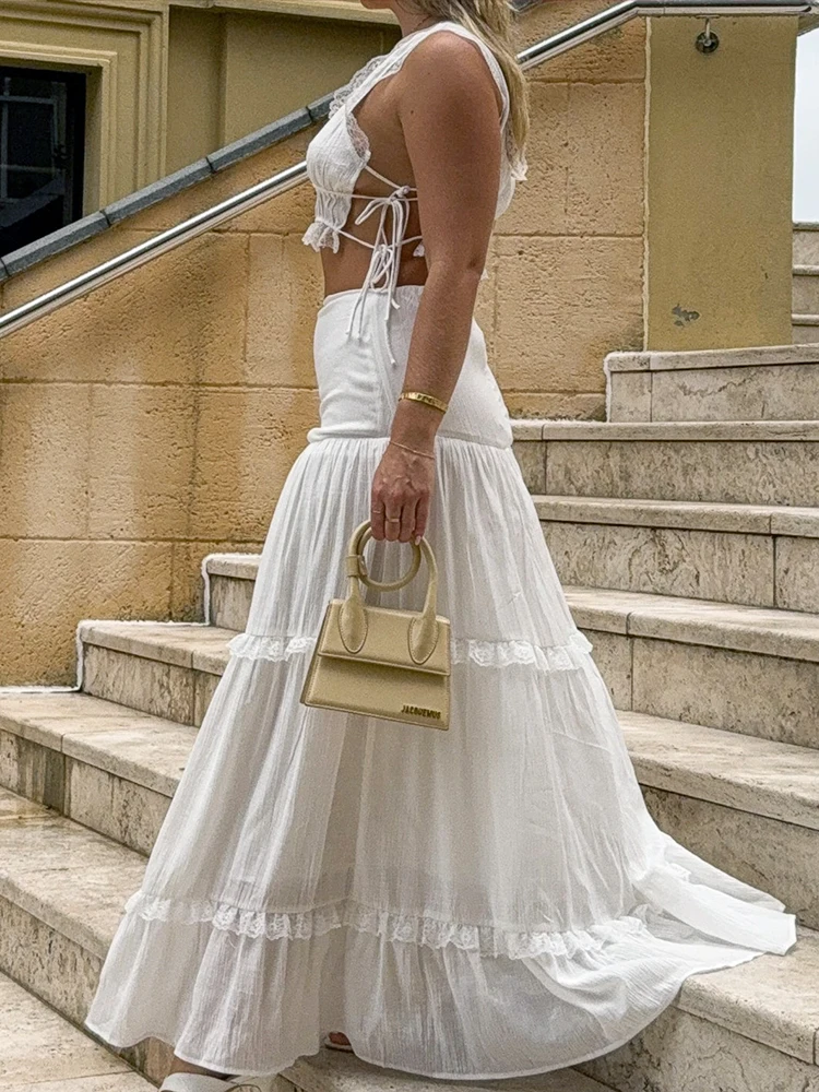 Top de renda e saia vintage para mulheres, conjuntos boho de 2 peças, saia de praia casual, tops sem alças, verão