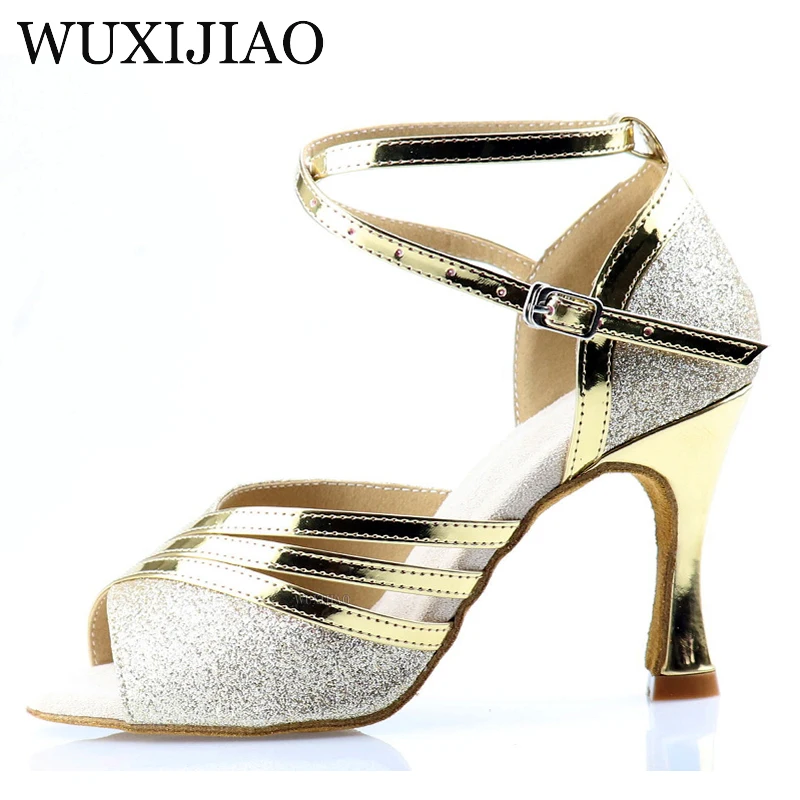 WUXIJIAO Flash PU Fabric Women's Professional Latin Dance Shoes Salsa Ballroom Samba Dance Shoes Women's High Heel Soft