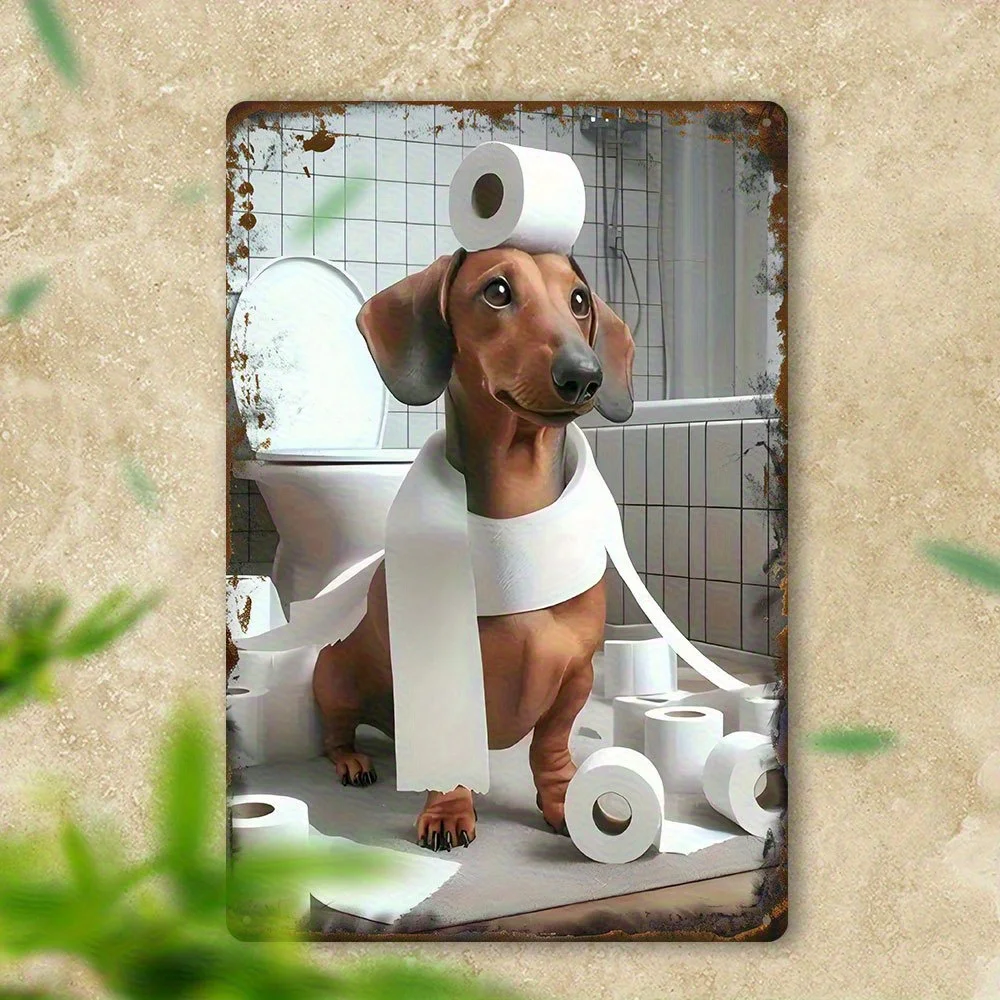 2D Flat - Whimsical Dachshund Bathroom Metal Sign - 20.32x30.48 cm Vintage Wall Art, Reusable Iron Decor with Humorous Dog view 3