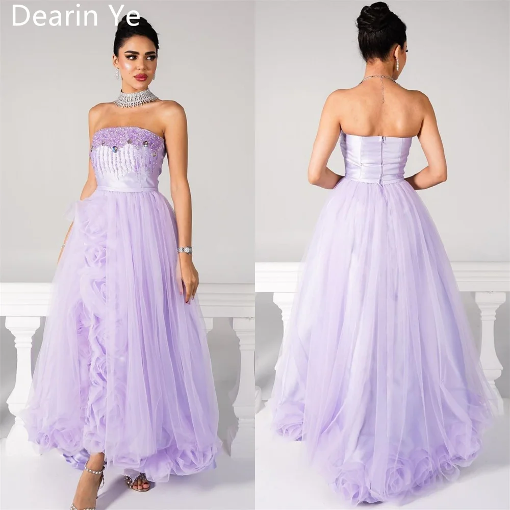 

Evening Gown Formal Dearin Strapless A-line Floor Length Open Back Skirts Layered Draped Sleeveless 3D Flower Bead Bespoke Occas