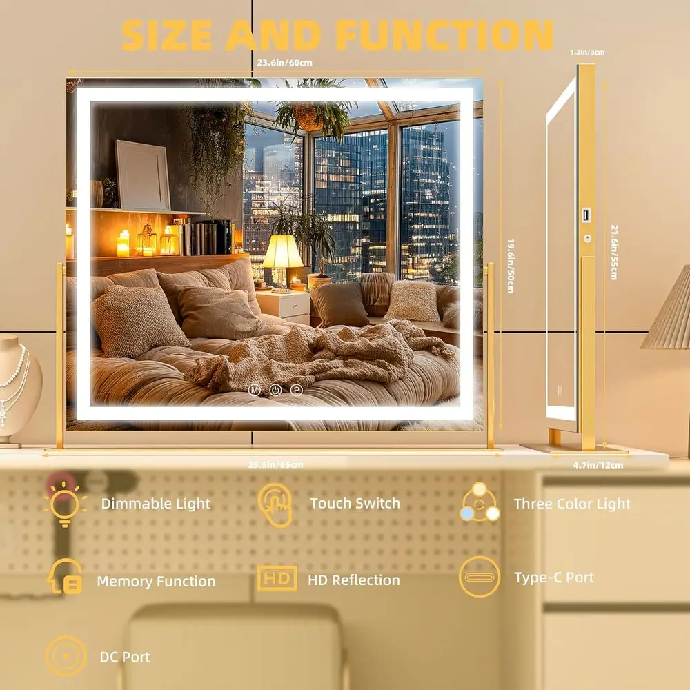 Miroir de courtoisie éclairé par 26 LED, lumière 3 couleurs à écran tactile, luminosité réglable, miroir de bureau carré doré