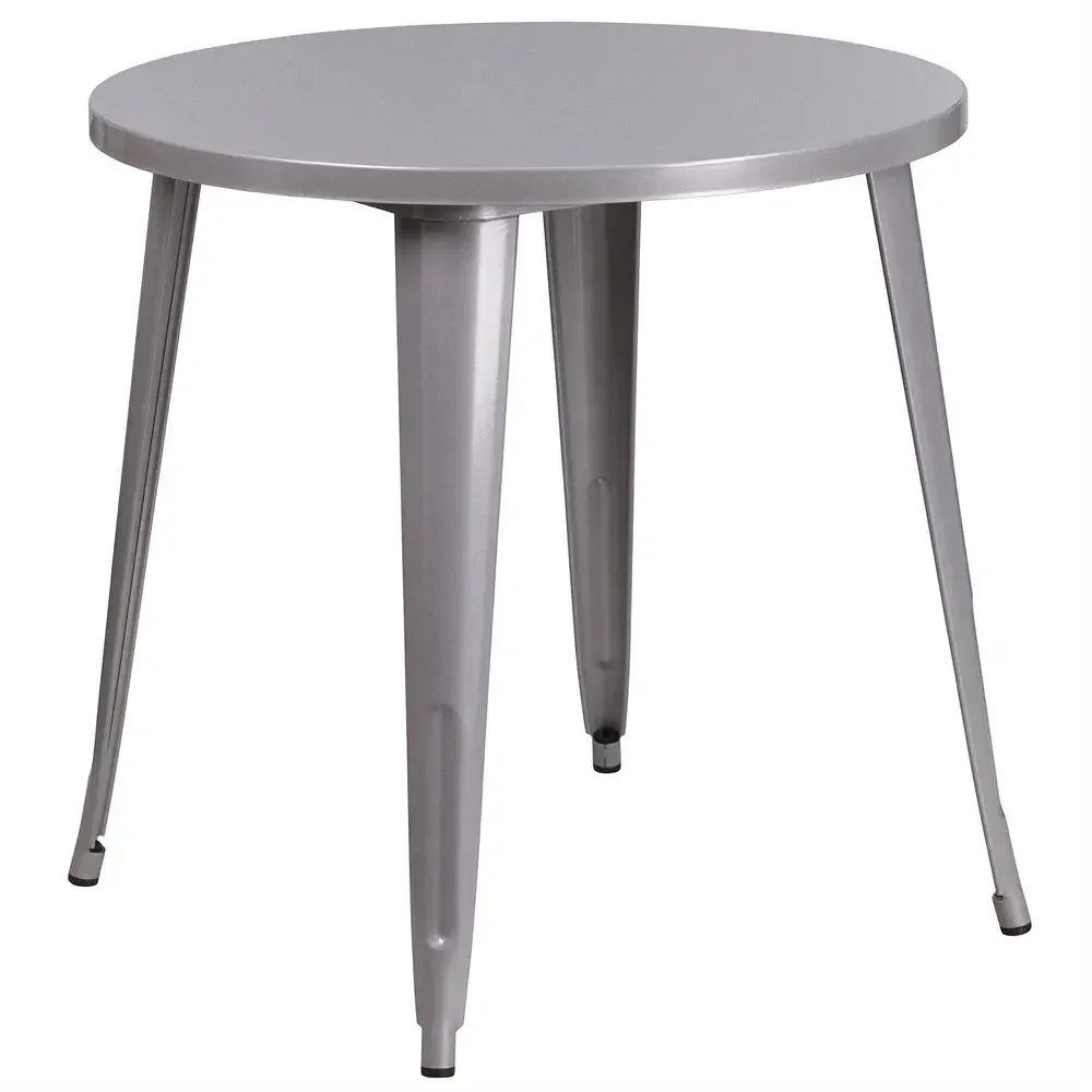 

30 Round Metal Dining Table, Silver Powder Coat Finish, 1.25 Thick Top, Brace for Extra Stability, Rubber Floor Glides, Industr