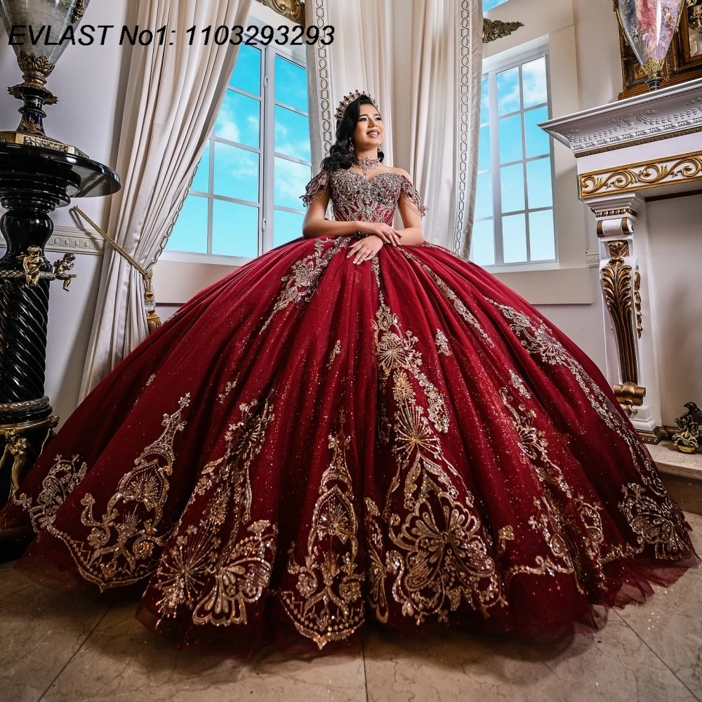 EVLAST personalizado brillo Borgoña vestido para quinceañeras vestido De baile apliques De encaje dorado rebordear dulce 16 Vestidos De 15 Anos E1QN684