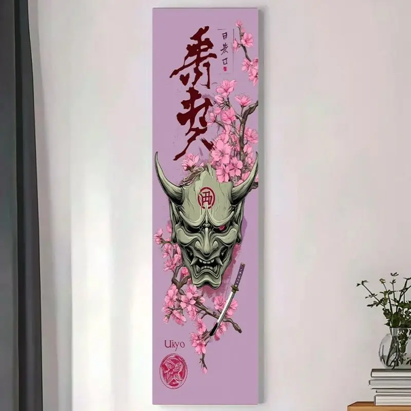 VIKAMA Japanese Hannya Cherry Blossom Tapestry Samurai Katana Vertical Wall Hanging Banner for Bedroom Living Room Wall Decor