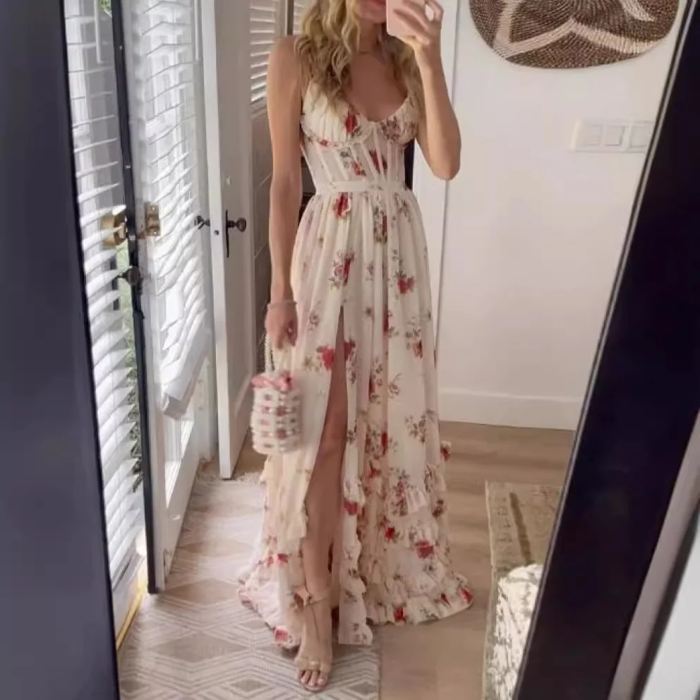 New Chest Wrap Dresses Flower Print Slash Neck Slit Dress Floor Length Long Dress for Beach Vacation Spaghetti Strap Women Dress