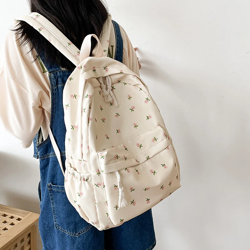 Student School Backpack Floral White School Bags For Teenage Girls Cute Women's Backpack Book Bag Nylon Rucksack