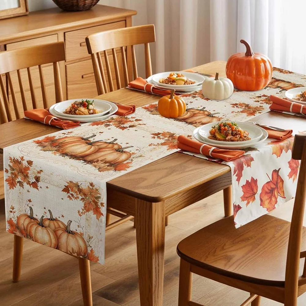 Watercolor Pumpkin Table Runner Maple Leaf Linen Dresser Scarves Tablerunner for Holiday Banquet Party Kitchen Home Decor