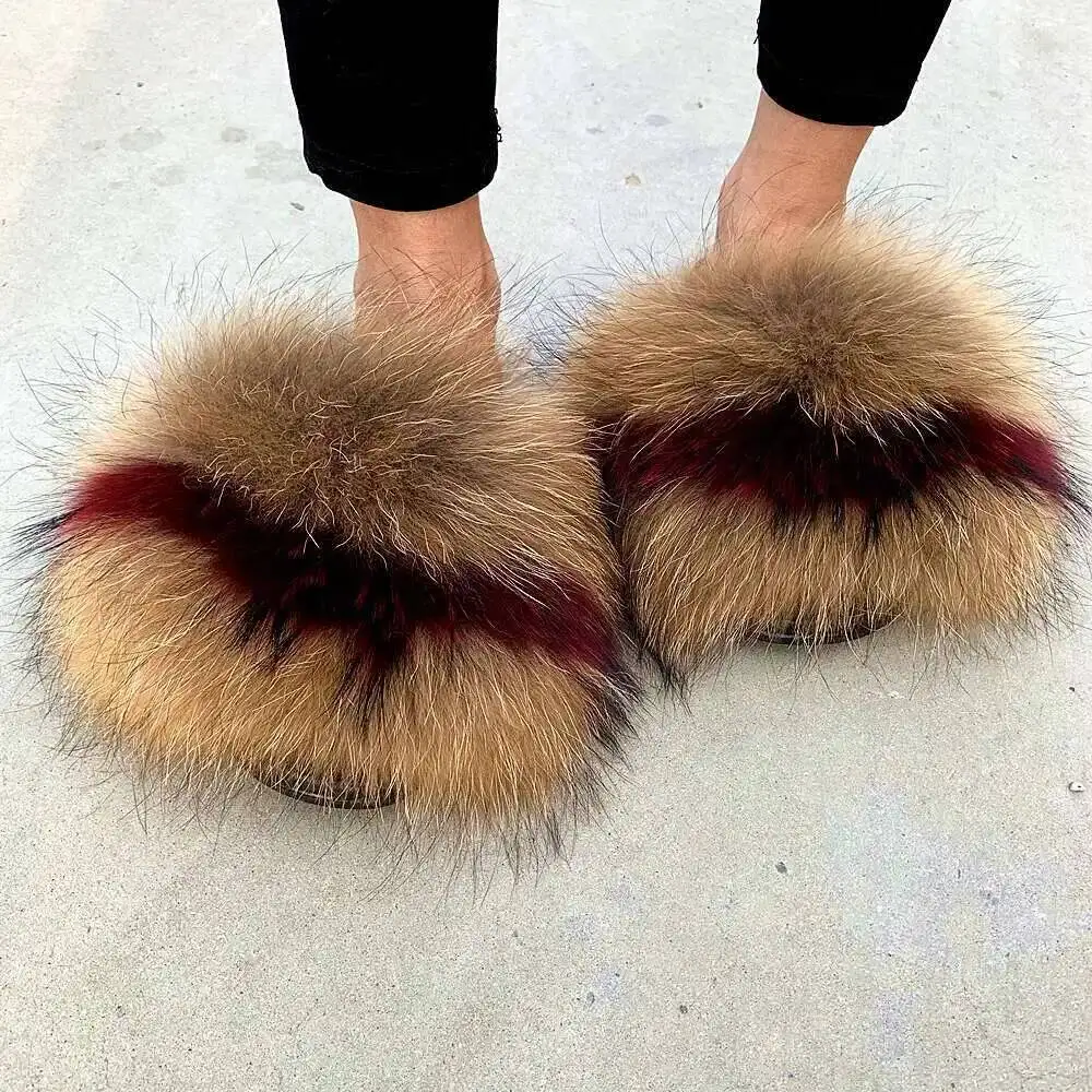 Women Summer New Real Fox Fur Fuzzy Slippers Indoor Outdoor Fashion Furry Flat Slides Raccoon Fur Beach Fashion House Shoes - Image 3