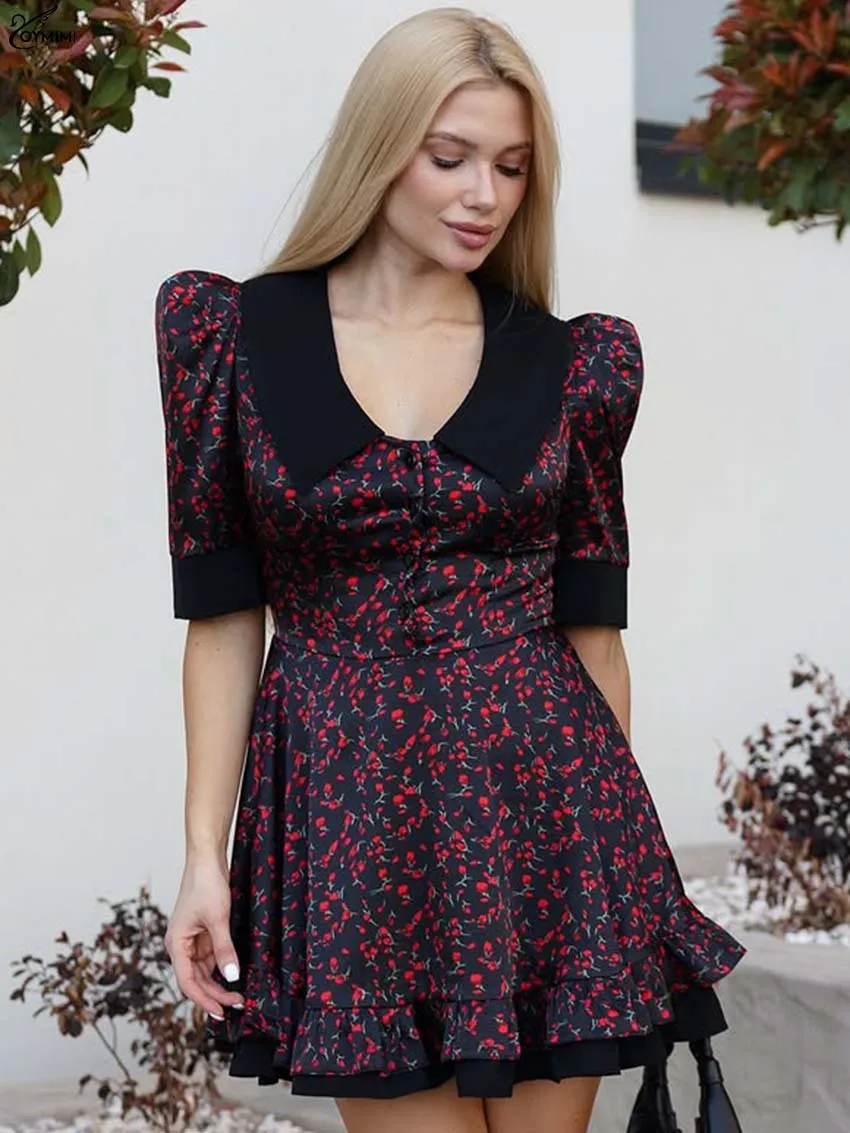 

Oymimi Fashion Black Print Womens Dresses Elegant Patchwork Half Sleeve Dresses Casual New High Waist Pleated Mini Dress Female