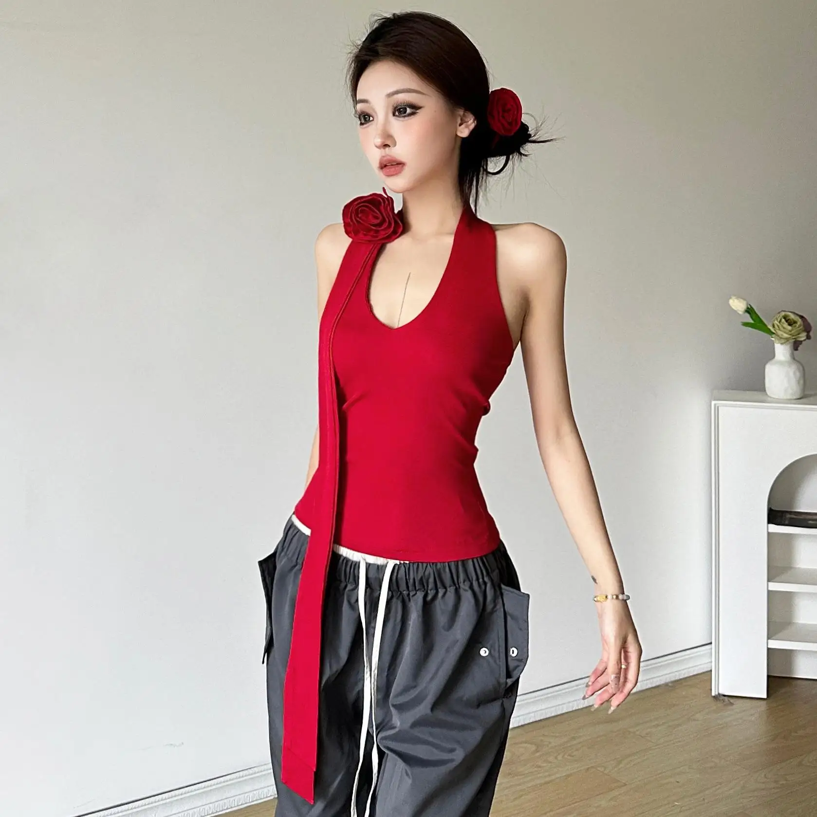 

Лето 2024, женский однотонный жилет с 3D цветочным принтом, свободные прямые брюки с высокой талией, трансграничный Sle Faionable