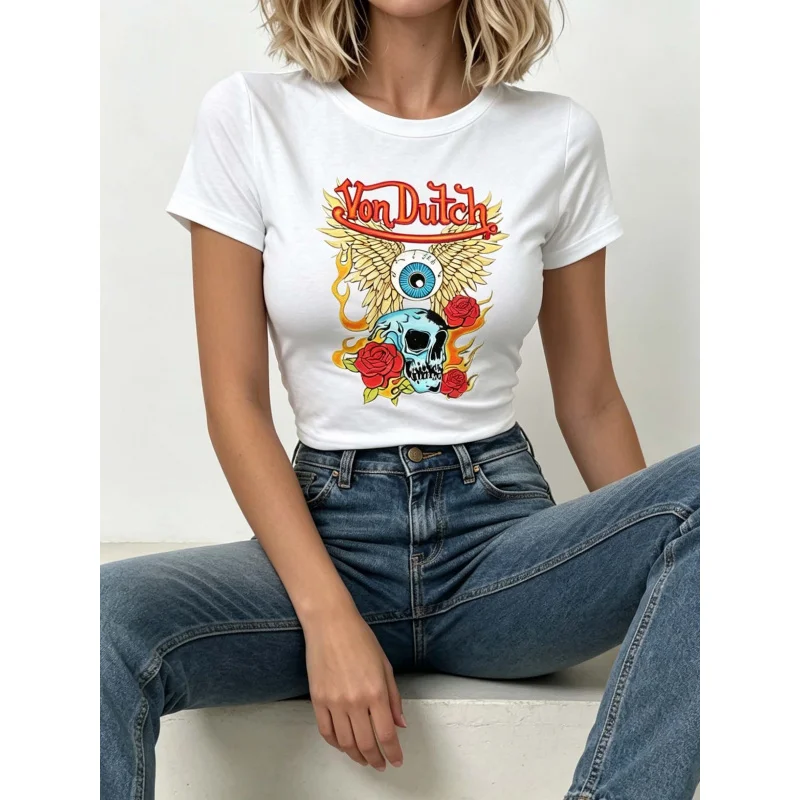 Printed Women's Retro Street Style Skull Rose Print Crew Neck Short-Sleeved Fitted Short-Sleeve T-Shirt, for Summer Wear