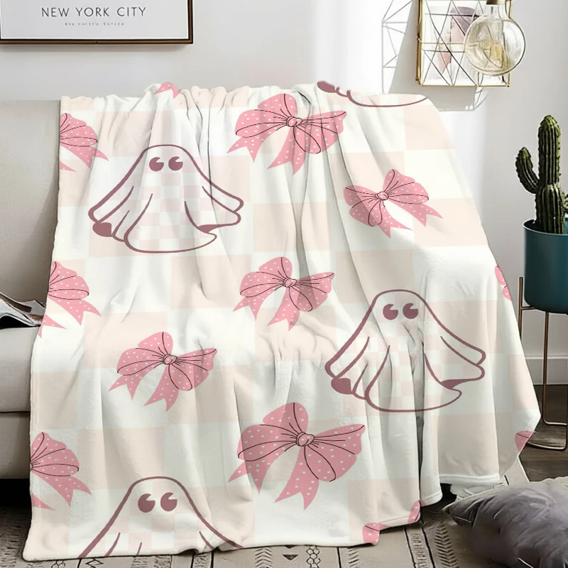 Pink Bowknot Ghost Blanket Plaid Halloween Throw for Living Room Sofa Travel Warm Nap Blankets Home Decor Creative Gift