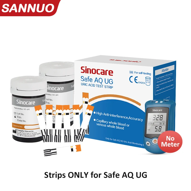 Sinocare Uric Acid Test Strips or Blood Glucose Strips for Safe AQ UG only 100PCS with free lancets for Diabetes