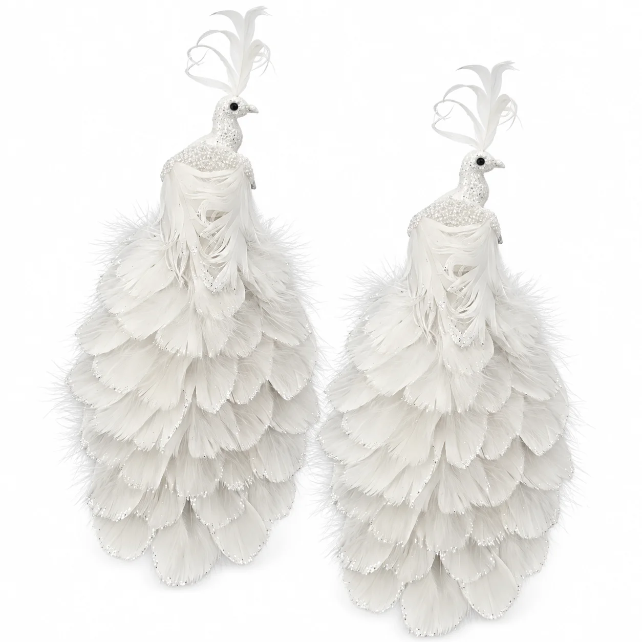 2PCS White Feather Peacock Decorations, 31cm Glitter Clip-On Peacock Ornaments for Christmas Tree, Wreath, Wedding & Holiday Hom