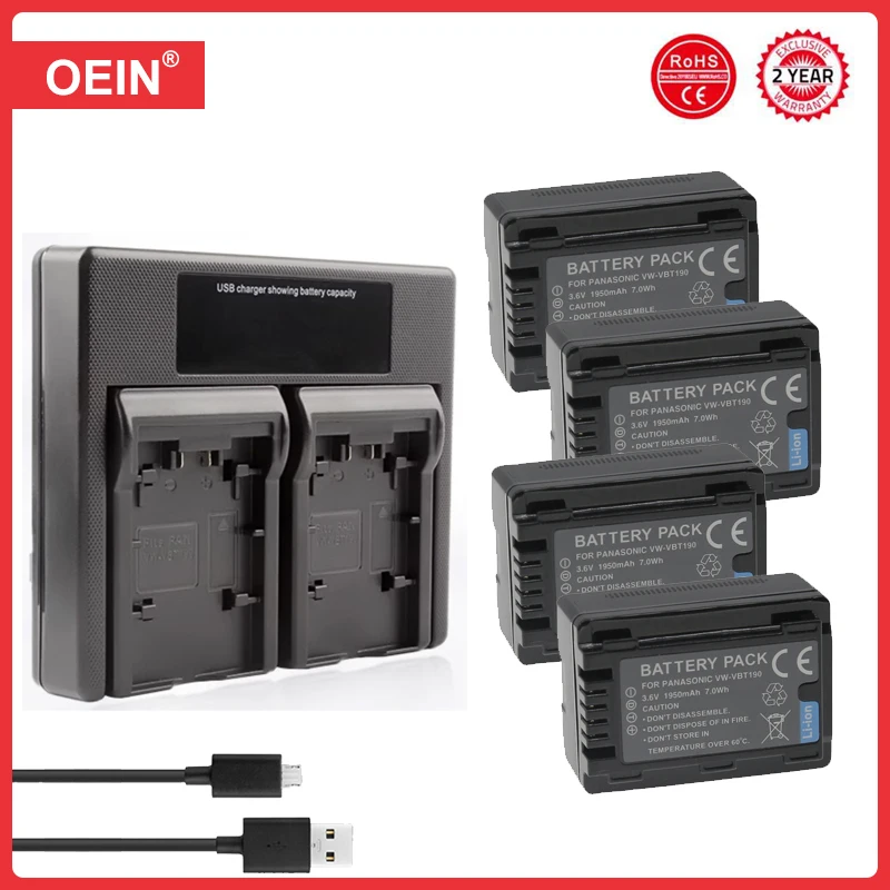 1950 mAh VW-VBT190 VBT190 Akku + USB-Doppelladegerät für Panasonic HC-V110 HC-V130 HC-V160 HC-V180 HC-V201 HC-V210 HC-V230 HC-V250