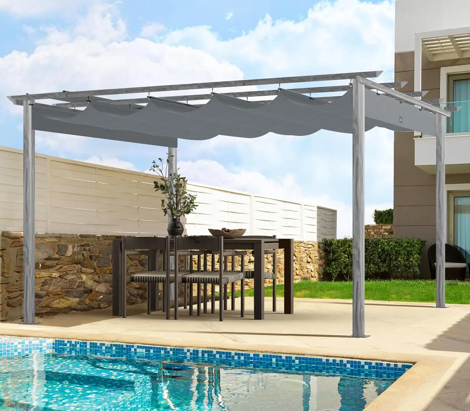 

12' X 12' Wood-Grain Retractable Pergola with Sun Shade Canopy, Patio Aluminum Frame Shelter for Backyards, Gardens, Porch