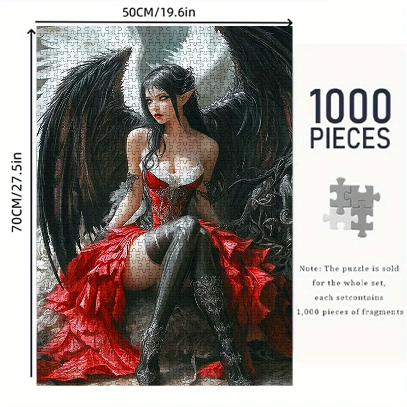 

1000pcs DIY Dark Fairy Tale Puzzle - Gothic Fallen Angel Girl with Wings, High-Quality White Cardboard, Ideal for & Family Bon