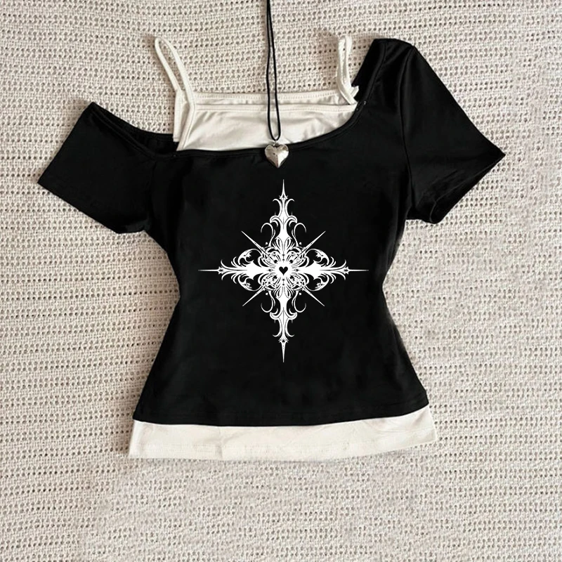 شيك Y2K جماليات ريترو الشارع الشهير المحملة Harajuku الشرير عادية سليم الاتجاه المحاصيل الأعلى القوطية الهيب هوب مثير قصيرة الأكمام المرأة تي شيرت