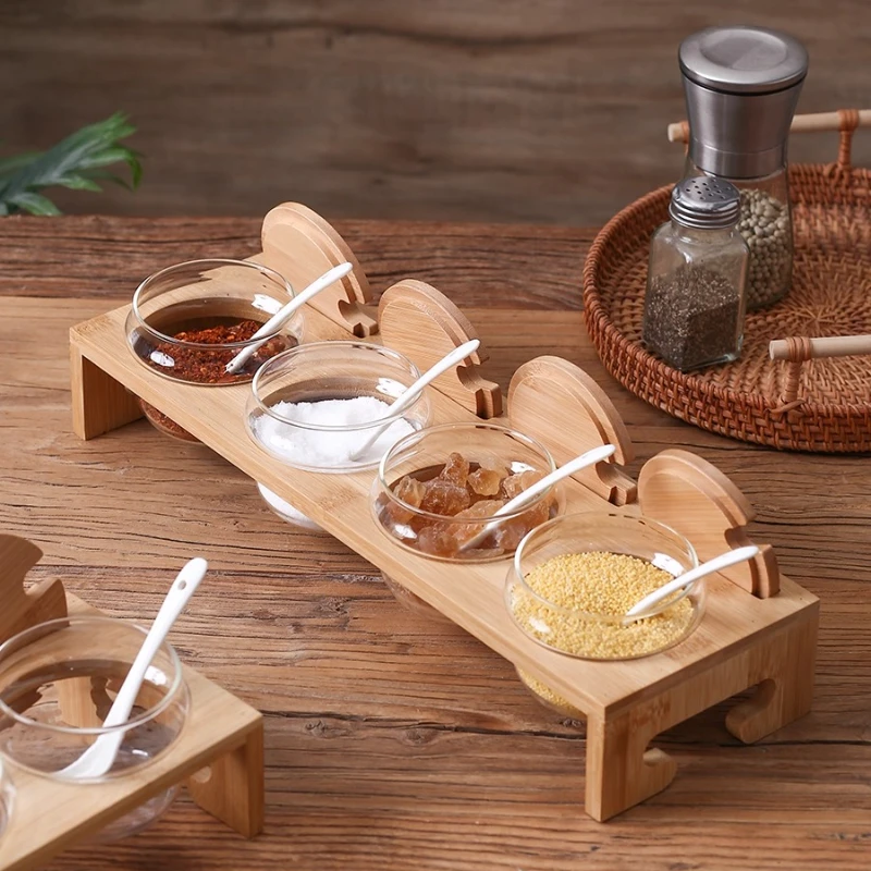 6-Piece Airtight Glass Spice Jar Set with Wooden Organizer Rack Kitchen Storage Canisters for Pantry Countertop Display Shelf