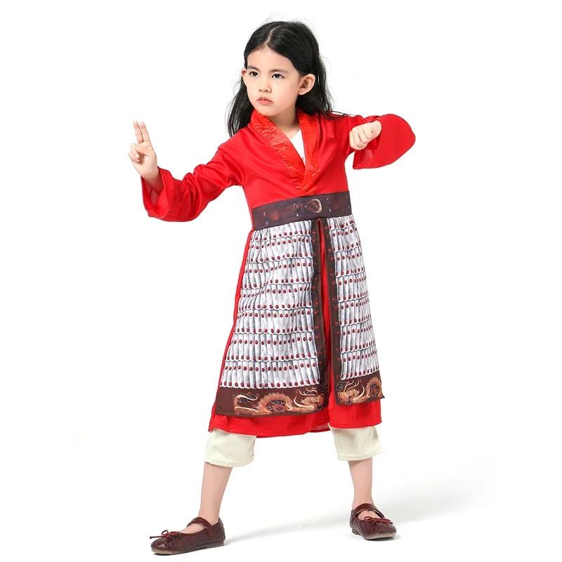 Child Mulan Red Hero Halloween Party Costumes New Classic Live-action Movie Character Girls