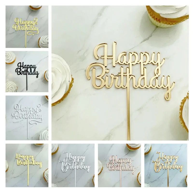New simple Happy Birthday Cake Topper Decoration Gold Acrylic Cake Flag for Birthday Party Cake Toppers Sweet Dessert Ornamental