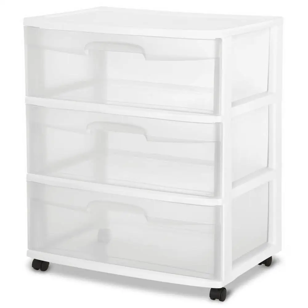 3-Drawer Wide Cart Storage Organizer Rolling Cart Home Office White Easy Slide Out Drawers Integrated Handles 15.25 gal Capacity