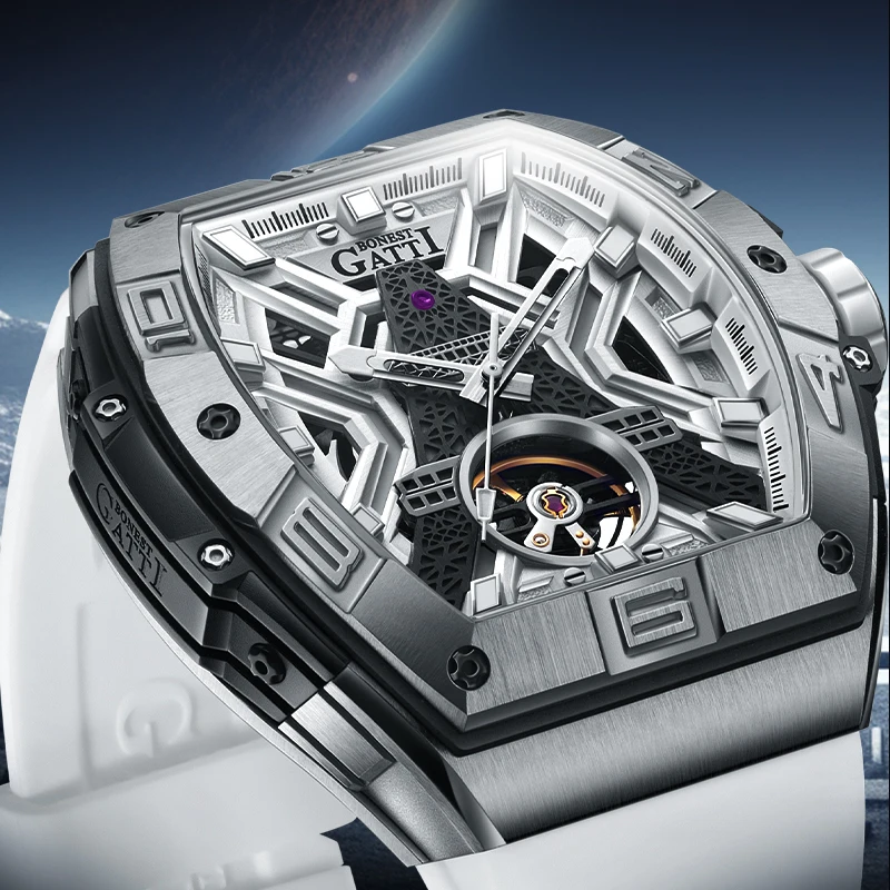 

BONEST GATTI Men Automatic Watches Tonneau Mechanical Wristwatch Sapphire Luminous Rubber Strap Eiffel Tower Dial
