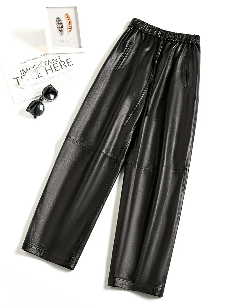 

Женские ленивые брюки-бананы, овчина растительного дубления, эластичная талия, свободные длинные брюки, натуральная кожа, широкие брюки, повседневные