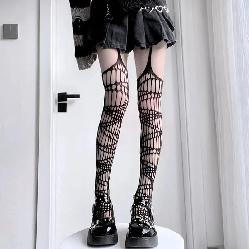 Gothic Bat Long Sexy Fishnet Stockings Women Harajuku Emo Alternative Mesh Bat Tights Lingerie Skin Thigh High Garters Hosiery