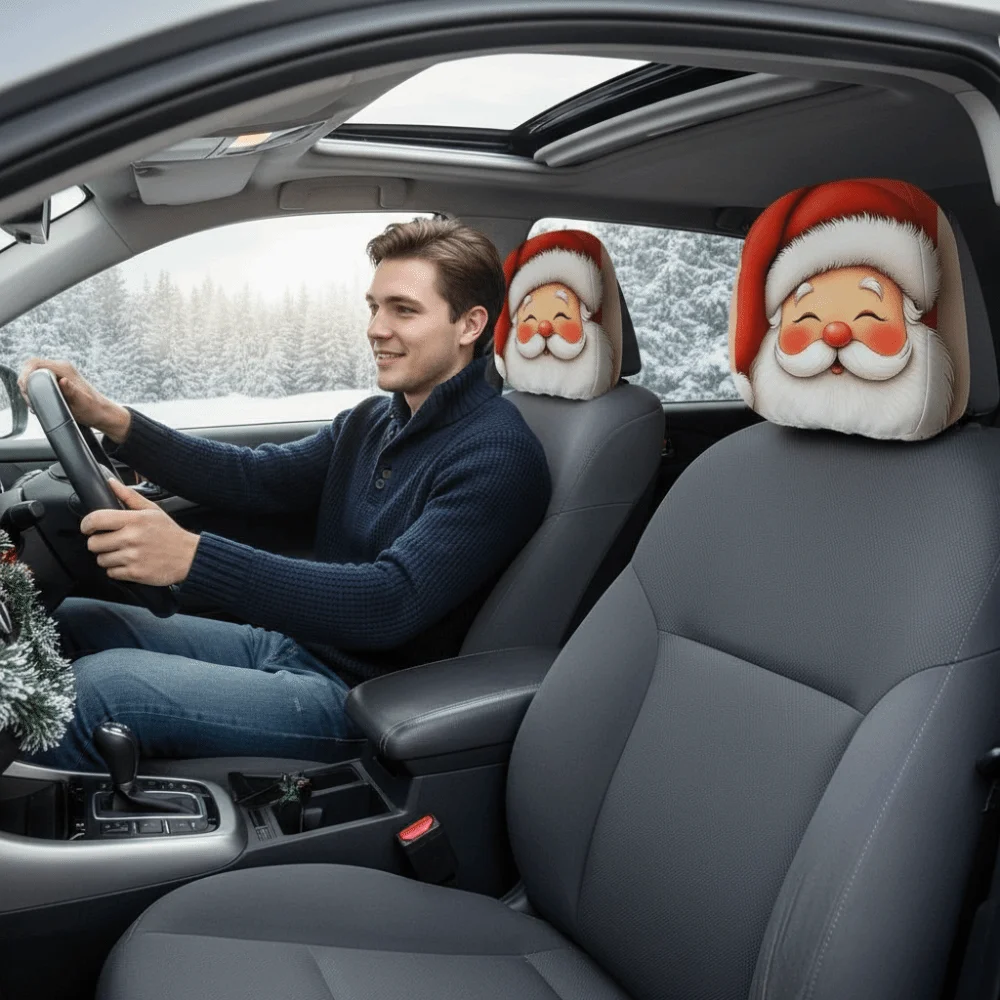 2PCS Elastic Santa Print Car Pillowcase Cartoon Cat Soft Christmas Car Headrest Cover Cute Stain-Proof Auto Seat Headcover