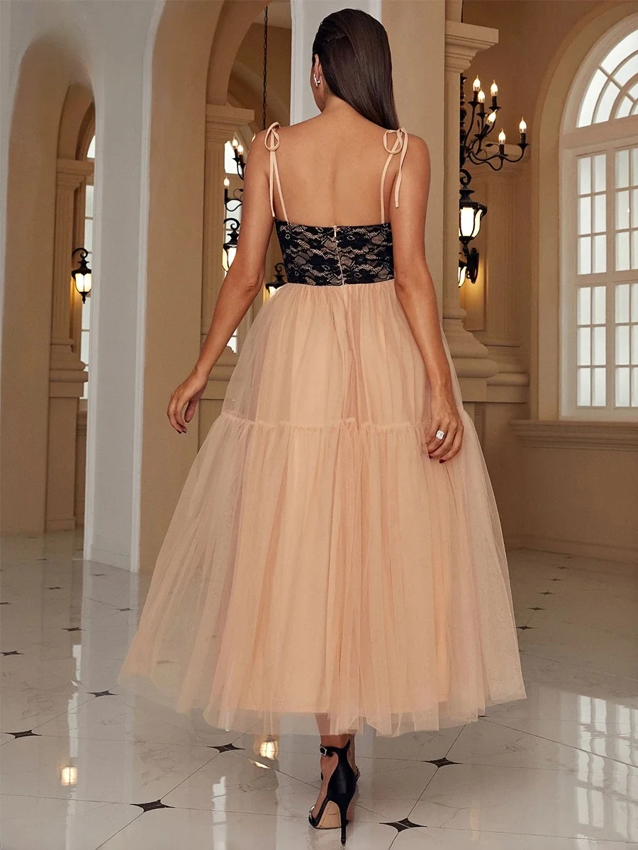 Customized Classic Tulle Lace Pleat Bow A-line Spaghetti strap Long Dresses Bespoke Occasion Dresses Retro Exquisite Sexy Casual