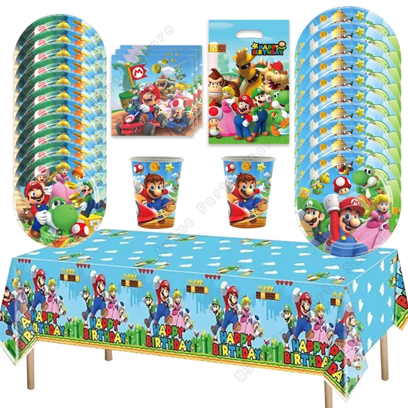 Super Mario Bros, decoración de cumpleaños, suministros para fiestas, vajilla desechable, Baby Shower, vaso de papel, mantel, plato, servilleta, bolsa, Kit