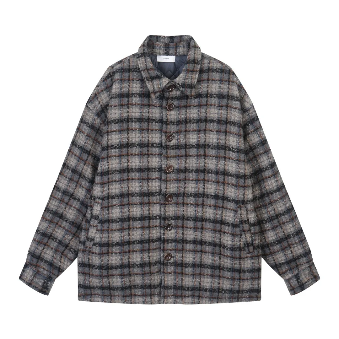 American retro plaid shirt down jacket men's new fashionable hip-hop cool street lapel white duck down lapel shirt