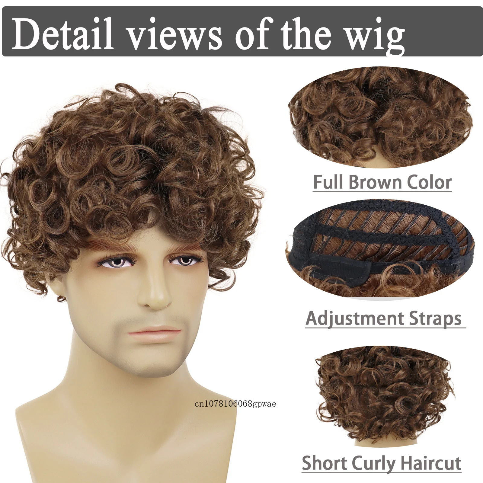 Brown Wig for Men Synthetic Short Curly Wig Man Natural Fluffy Breathable Male Wig with Bangs Daily Cosplay Party Heat Resistant