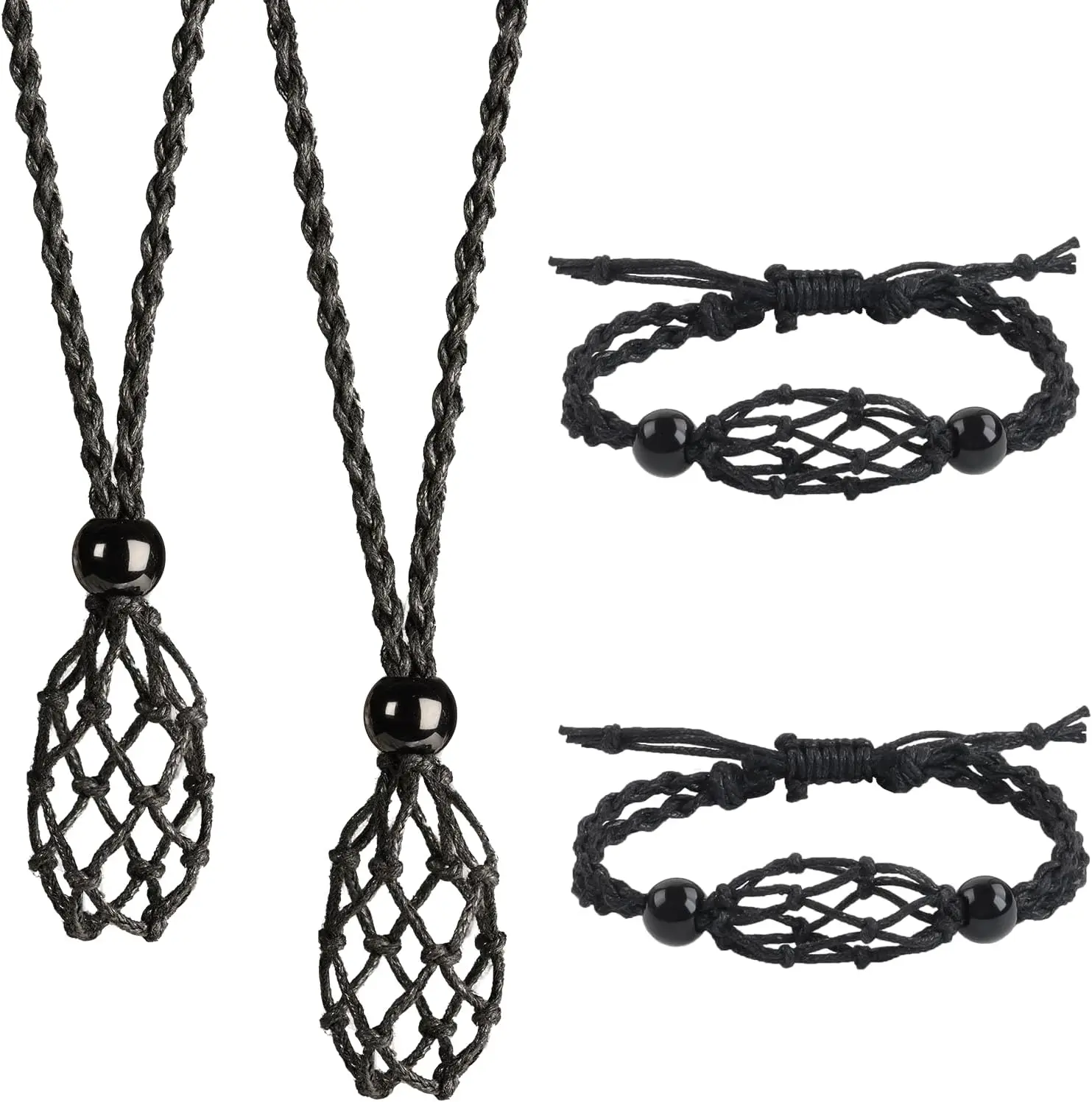 

4 PCS Crystal Cage Necklace With Adjustable Length Cord - Empty Stone Pendant Holder - Hand-Woven Replacement