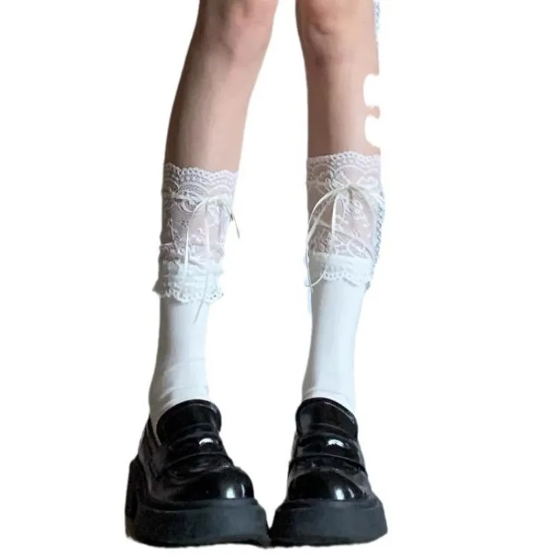 القوس الجوارب النساء الحلو الشريط لوليتا منتصف العجل الجوارب الجوارب القطنية البيضاء الدانتيل الدانتيل الجوارب القصيرة