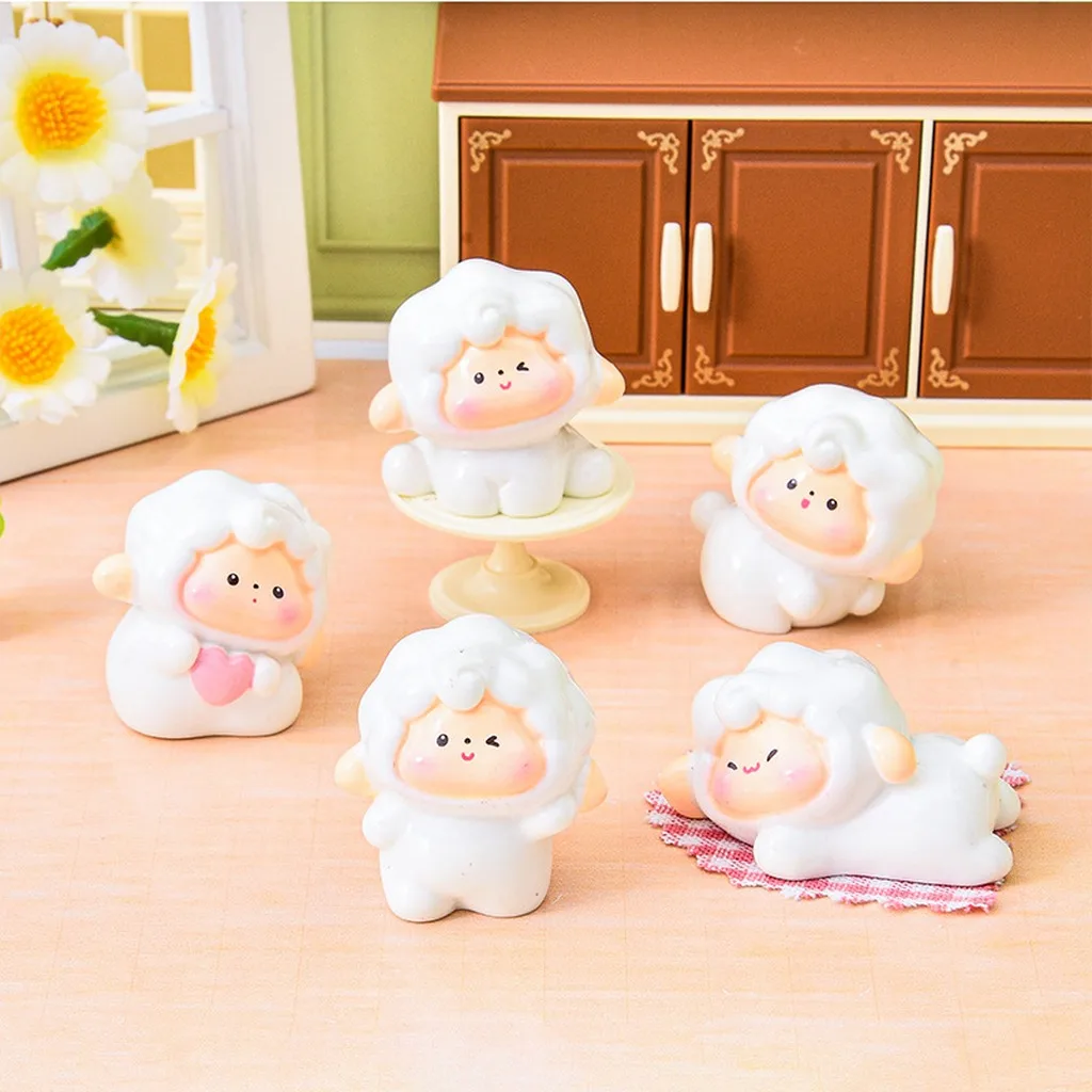 Mini Resin Sheep Figurine Cute Cartoon Year Of The Sheep Sculpture Ornament Desktop Office Car Decor Animal Model Figurines
