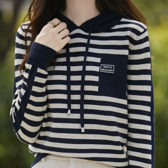 خريف شتاء جديد Sle الصوف محبوك قبعة سترة مخطط فضفاض طويل Sve سترة العصرية المرأة Faion محبوك