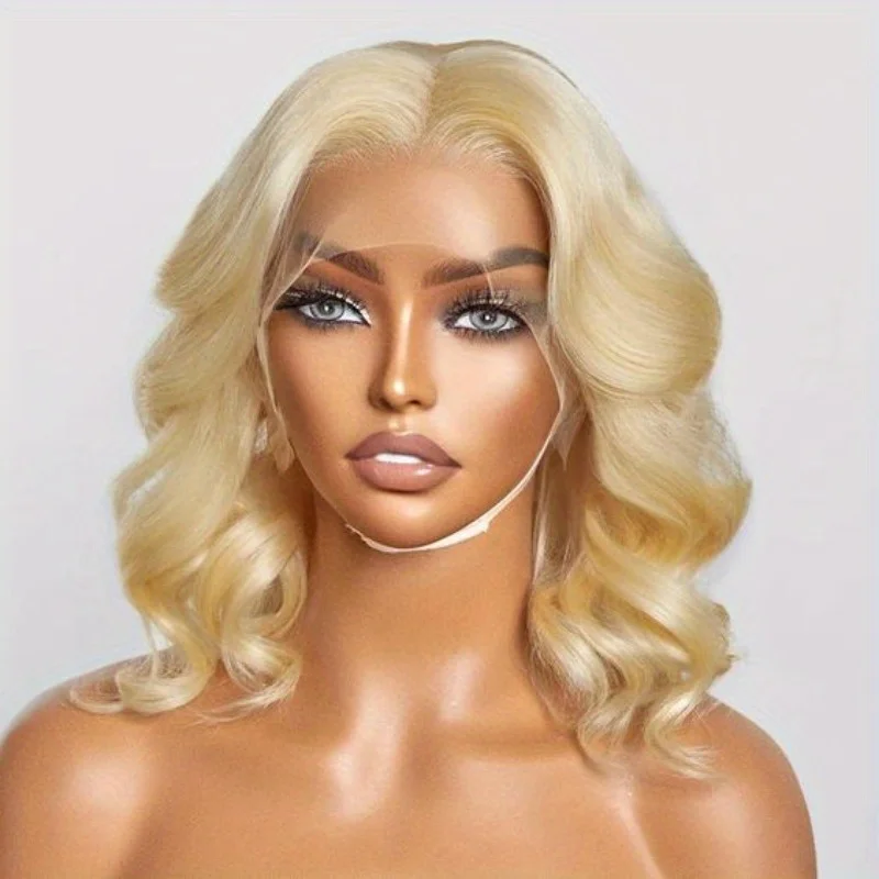 613 Bob Blonde Body Wave Short Bob Lace Front Human Wig  HD Transparent Pre Plucked Brazilian 180% Density 14inch